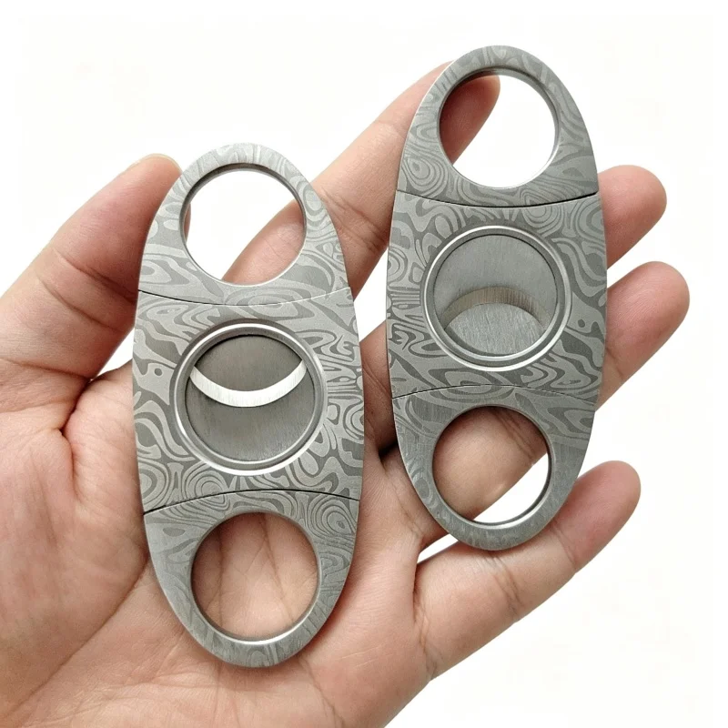 Premium Damascus Pattern Cigar Cutter Stainless Steel Double Blade Guillotine Classic Elegant Gift for Men Cigar Enthusiasts