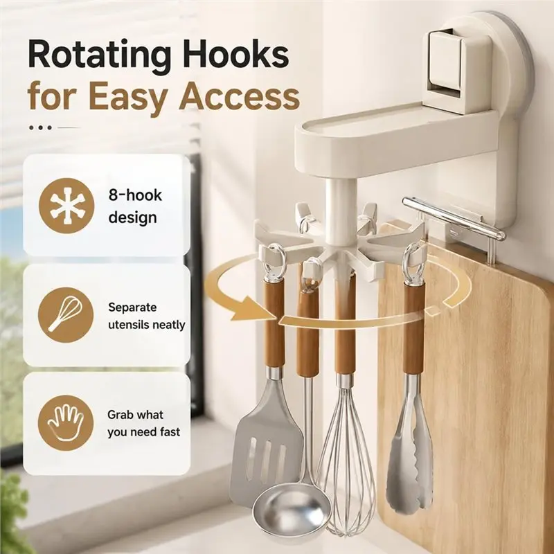 WORTHOWN-No-Drill Kitchen Utensil Holder,8 Rotating Hooks And Top Storage , Utensil Rack For Spatula, Ladel, Peeler Ladle