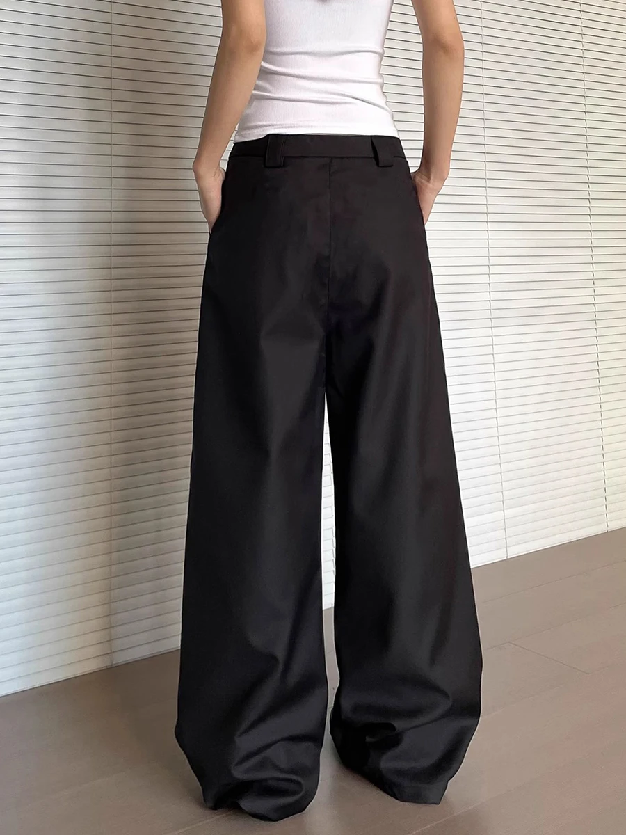 Reddachic feminino plissado frente vestido calças cleanfit preto bolsos lisos baixo aumento largo casual terno calças trabalho roupas de verão