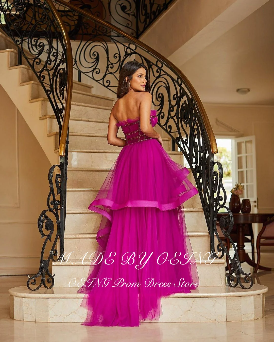 OEING Fuschia Long A Line Prom Dresses Glitter Evening Party Dress Sweetheart Long Tulle Sleeveless Fomral Club Night Gowns