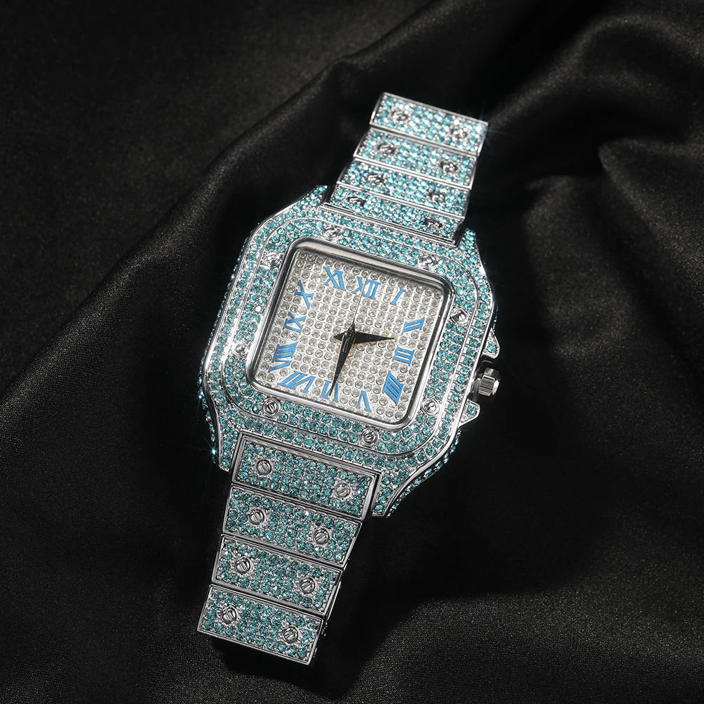 Imagem -06 - Uwin Azul Strass Relógio de Luxo Diamante Relógio de Pulso Grande Rosto Quadrado Cheio Bling Iced para Fora Relógio para Homem Hip Hop Rapper Presente