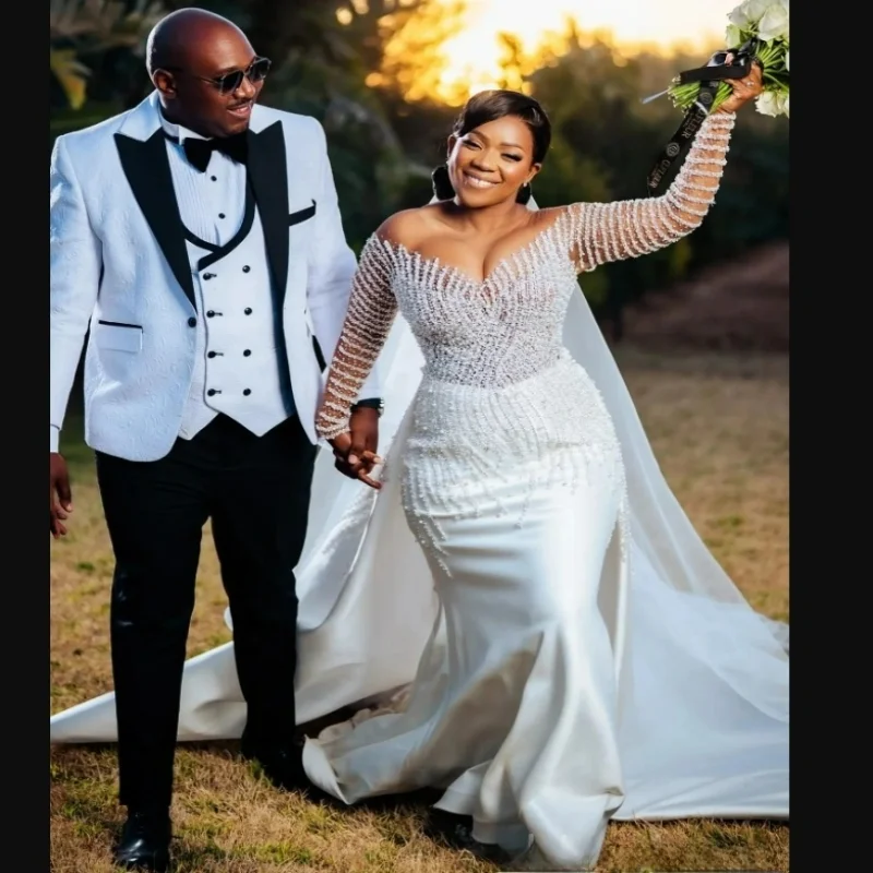 Customized  Sheer Neck Shinny Pearls  Beads Bridal Dress with Removable Skirt Vestido De Noiva Full Sleeve Trumpet Wedding Gowns