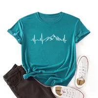 Wish Amazon Cross-border Women's Clothing Mountain Heartbeat Loose-fit Round Neck Color Cotton Short Sleeve T-shirt Women