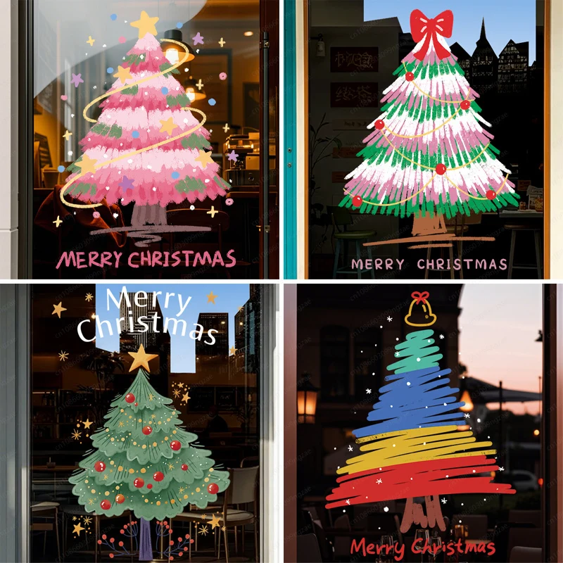 

Christmas decorations glass doors stickers stores, shopping malls, Christmas tree atmosphere arrangement scenes, static stickers