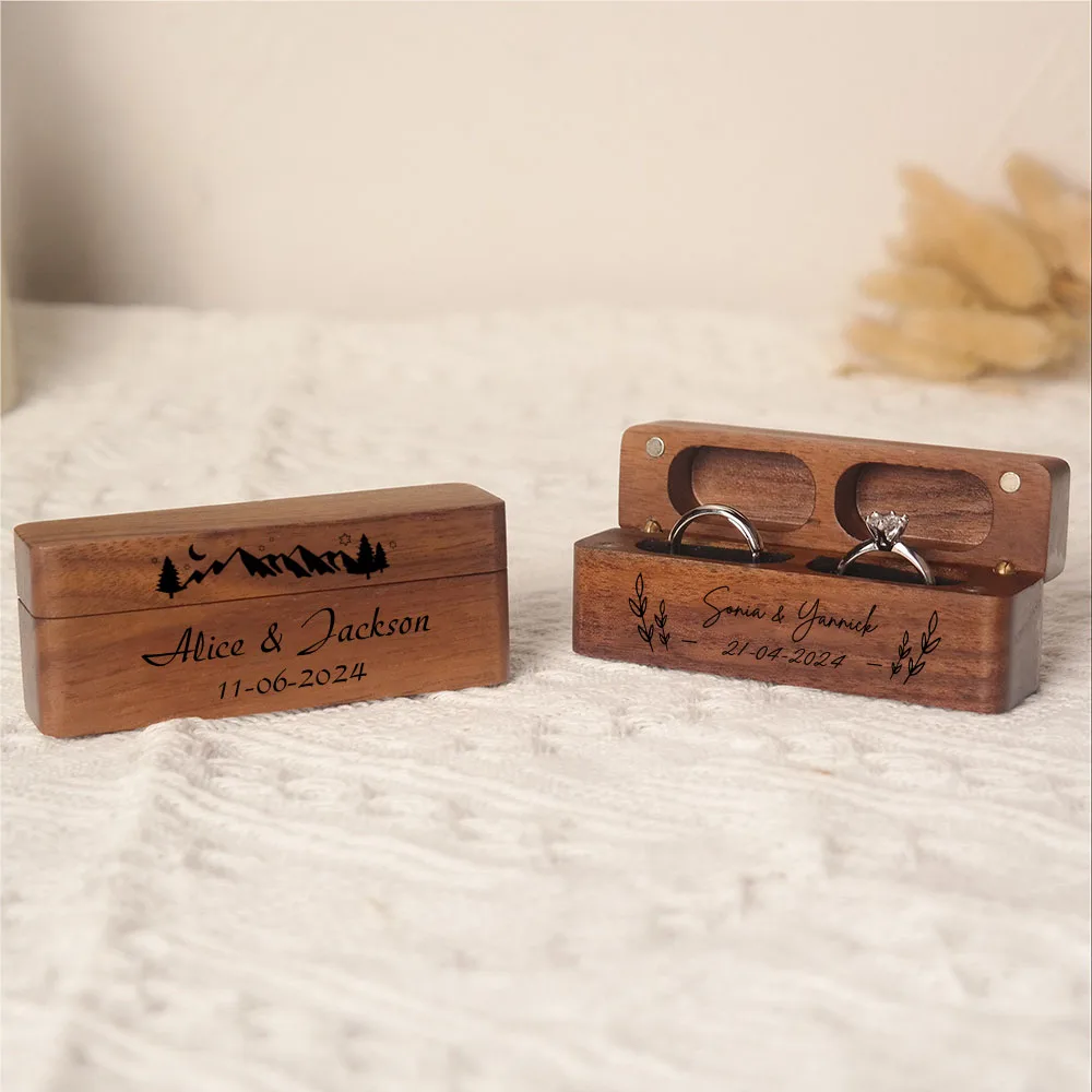 Rustic Wooden Ring Box with Linen Lining - 2-Slot Engraved Flip Cover, Perfect for Proposals & Engagements, Ideal Gift for Her