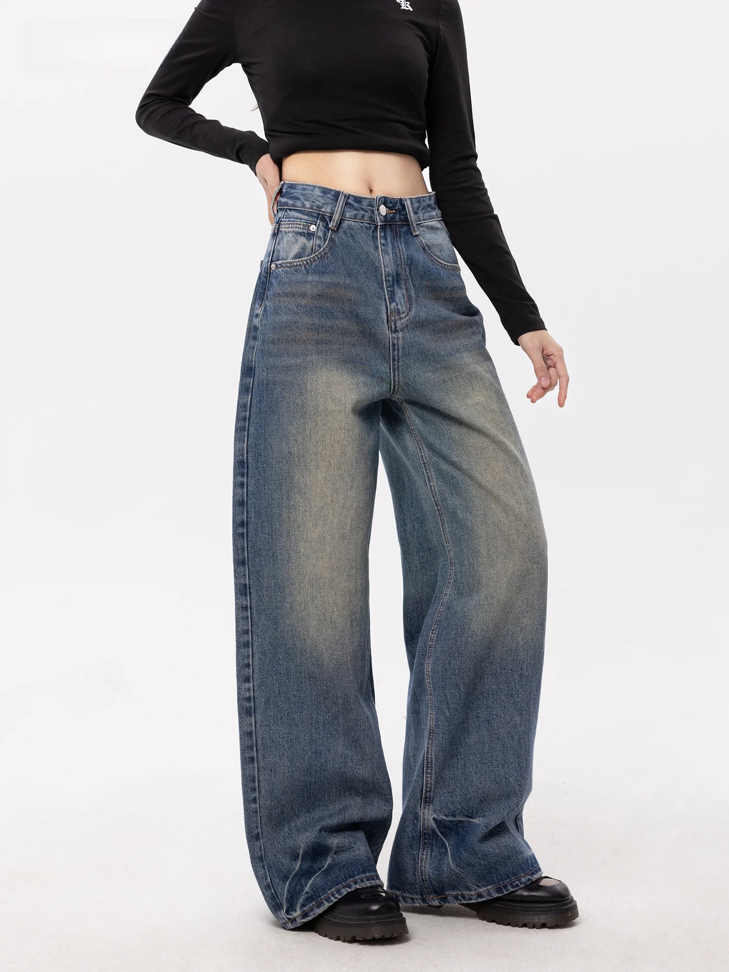 

Retro American Straight Leg Denim Jeans Women's Summer New Slimming Washed Loose Wide Leg Pants Casual Style Natural Waist