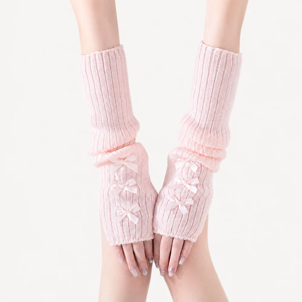 Women's Pink Fingerless Knit Arm Warmers Thumb Holes Three Bow Details Long Arm Sleeves Autumn Winter Cold Weather Layering