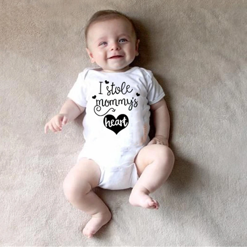 

Funny NewbornRomepr I Stole Mommy's Heart Letters Printed Infant Boys Girls Unisex Short Sleeve Cute Jumpsuit