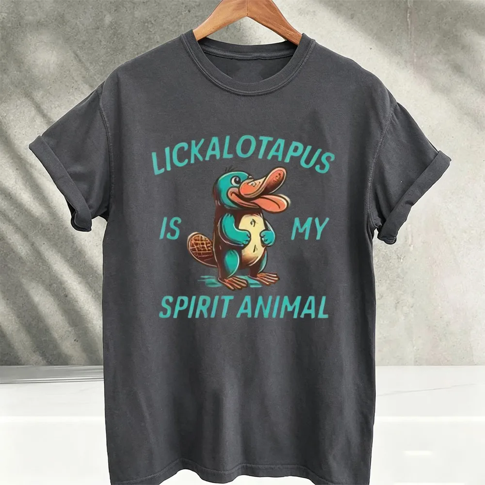 Lickalotapus Is My Spirit Animal Funny Platypus Graphic T‑Shirt Crew Neck Cute Cartoon Platypus Text Print Cotton Casual Tops