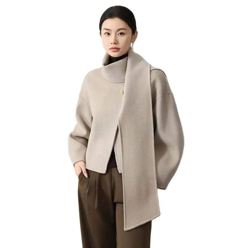 CAIXINGLE 2024 High-End Short round Neck Women's Coat Autumn and Winter New 100% Pure Wool Woolen Coat with Scarf Fashion Tops