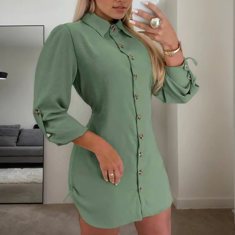 Summer Women's Shirt Dress Fashion Casual Solid Color Single Breasted Turn-down Collar Drawstring on Both Sides Short Skirts