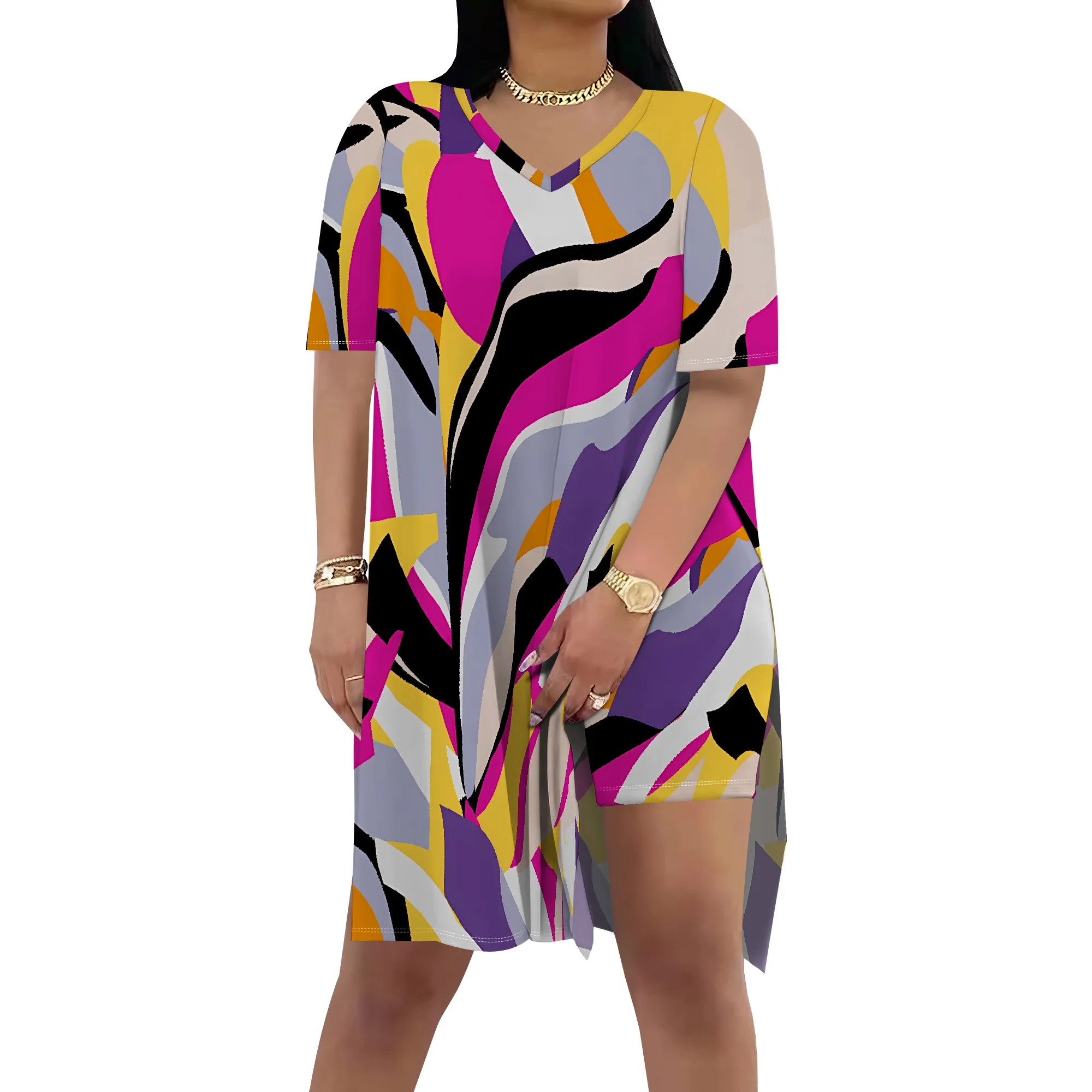 Nupusa 抽象柄ドレス レディース 夏 カジュアル V ネック 半袖 衣装