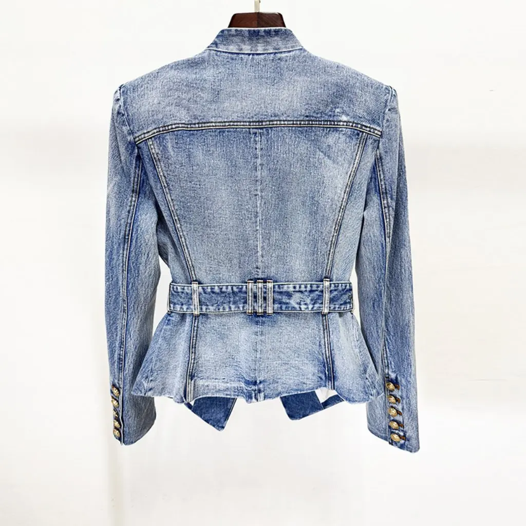 

In-Stock Early Autumn Fashion Slim Fit Waist Belted Denim Jacket Coat European And American Celebrity Style Women's Suit