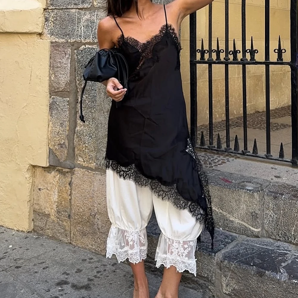 المرأة Cottagecore الساتان الدانتيل تقليم المرقعة كامي القمم y2k فتاة الحرير غير النظامية هيم بروتيل ميدي قميص الخروج الدبابات القمم