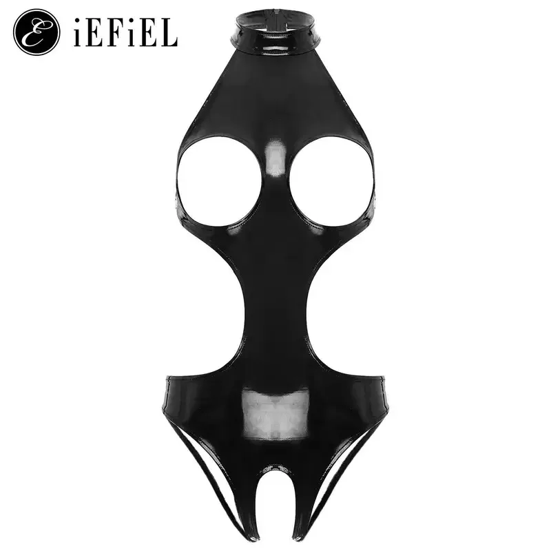 

Женский купальник из искусственной кожи с мокрым эффектом и открытой грудью, цельный комбинезон с вырезами, нижнее белье, Тедди, ночное белье