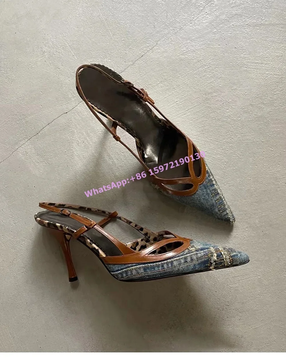 

Retro Denim Blue Sandals Leopard Hollow Distress Pointy Toe Thin Heels Slingback Women's All Match Shoes Hotties Sewing Sexy