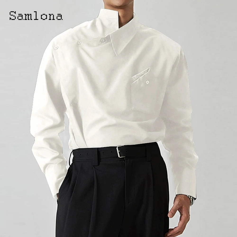 เสื้อเชิ้ตแขนยาวผู้ชาย คอเฉียง แฟชั่นยุโรป 2025 เสื้อเบสิก เสื้อเบลาส์ผู้ชาย เสื้อเชิ้ตออกงานกลางคืนสุดหรู