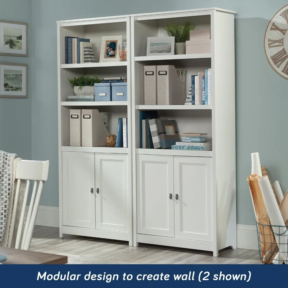White Library Bookcase with Storage, Doors, and Adjustable Shelves