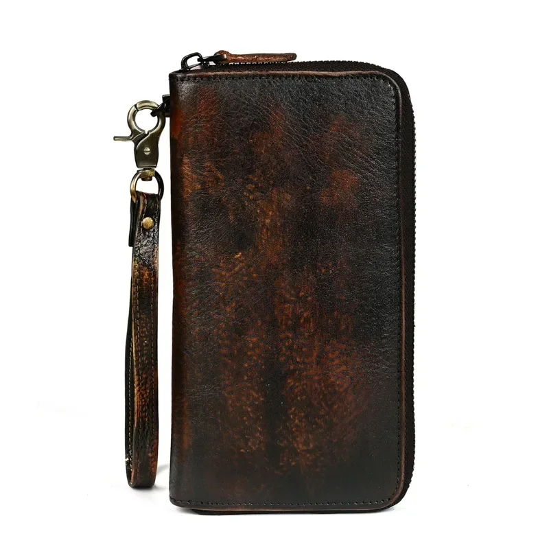 Vintage Long Men's Genuine Leather Wallet with Distressed Finish and Zipper