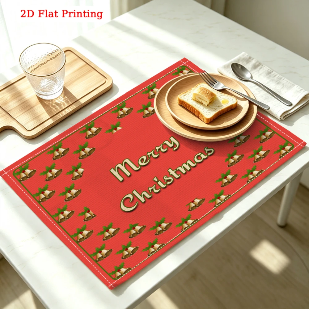 1pc Festive Style Placemat Red Merry Christmas Bell Print Table Mat For Dining Kitchen Party Decoration Use 30x40cm Cover