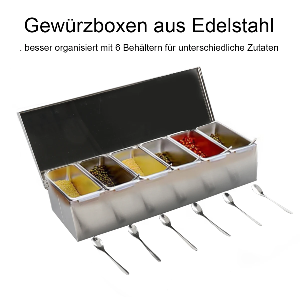Scatola per ingredienti a 6 sezioni in acciaio inossidabile Scatola per salsa di sale, zucchero, formaggio, scatola per condimenti, strumento per la creazione di pizza, scatola per snack