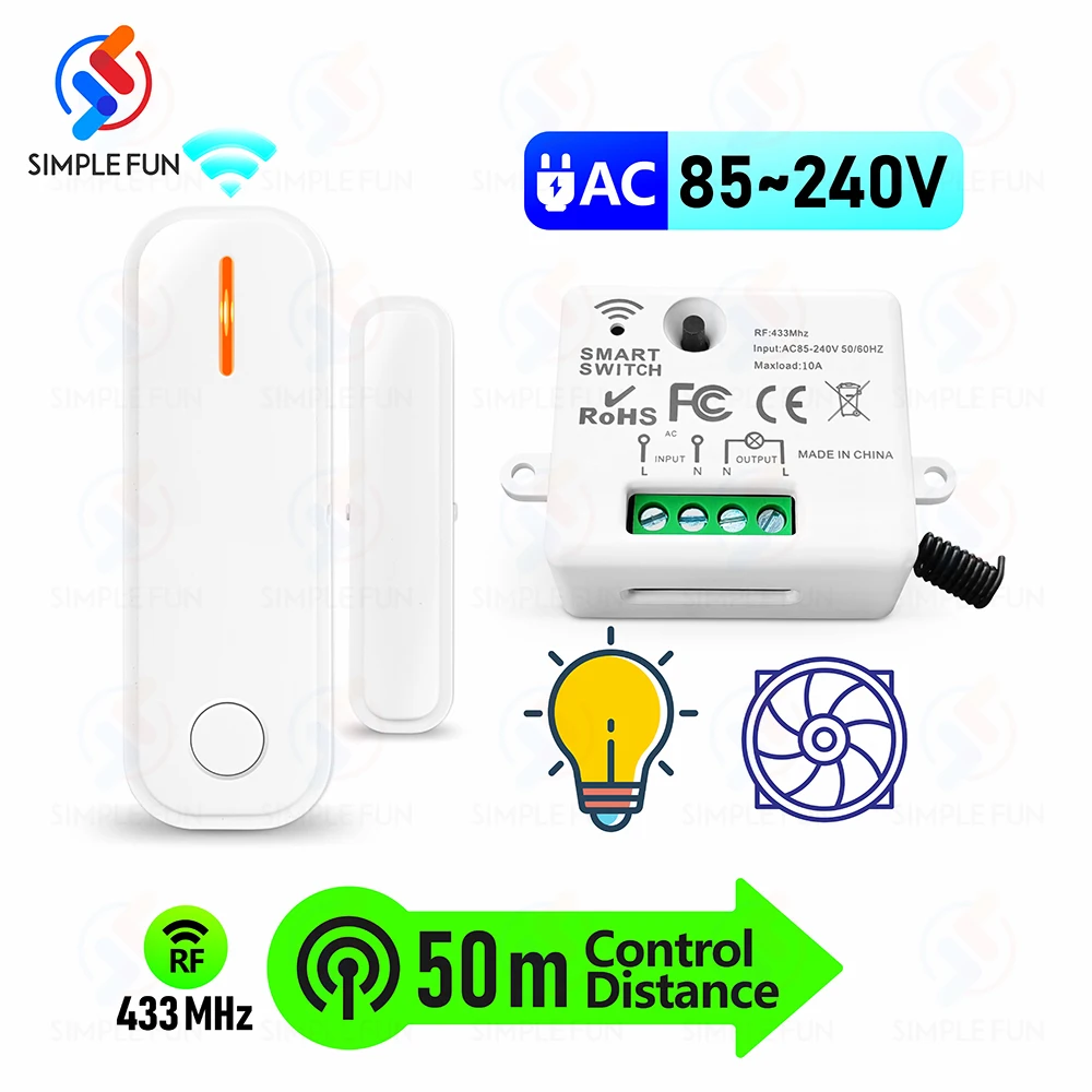 Door Window Sensor Wireless Light Switch set Detection Switch AC 110V 220V 230V 10A 433Mhz Relay Module for LED/Lamp/exhaust Fan