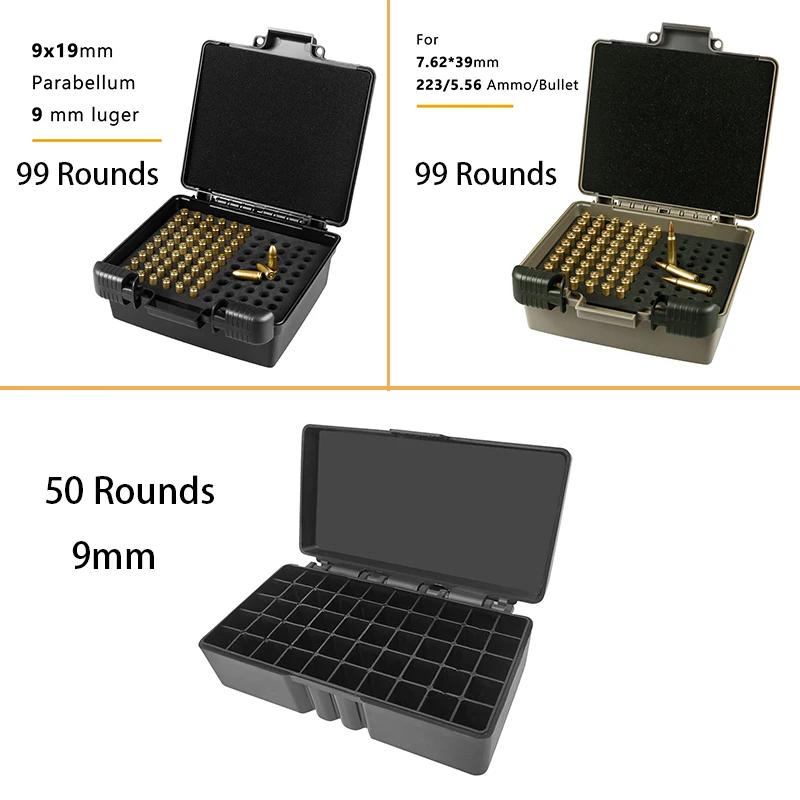 50/99 Rounds Case for Cartridges 9mm .223/5.56mm 7.62x39 Ammo Storage Box Bullets Holder Hunting Shooting Ammunition Container