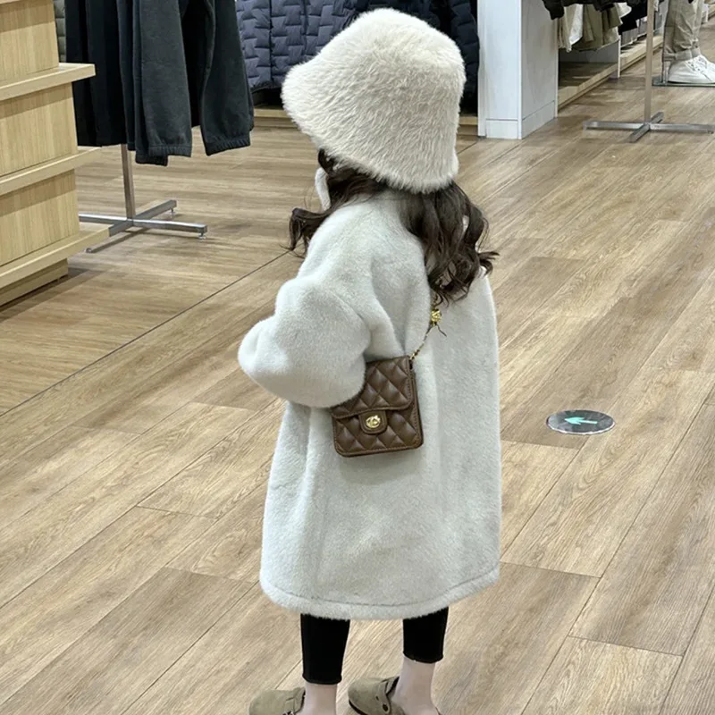 Winter Children's Clothing Long Imitation Mink Fur Coat Warm and Windproof Fur Integrated Girls' Baby Medium Long Coat