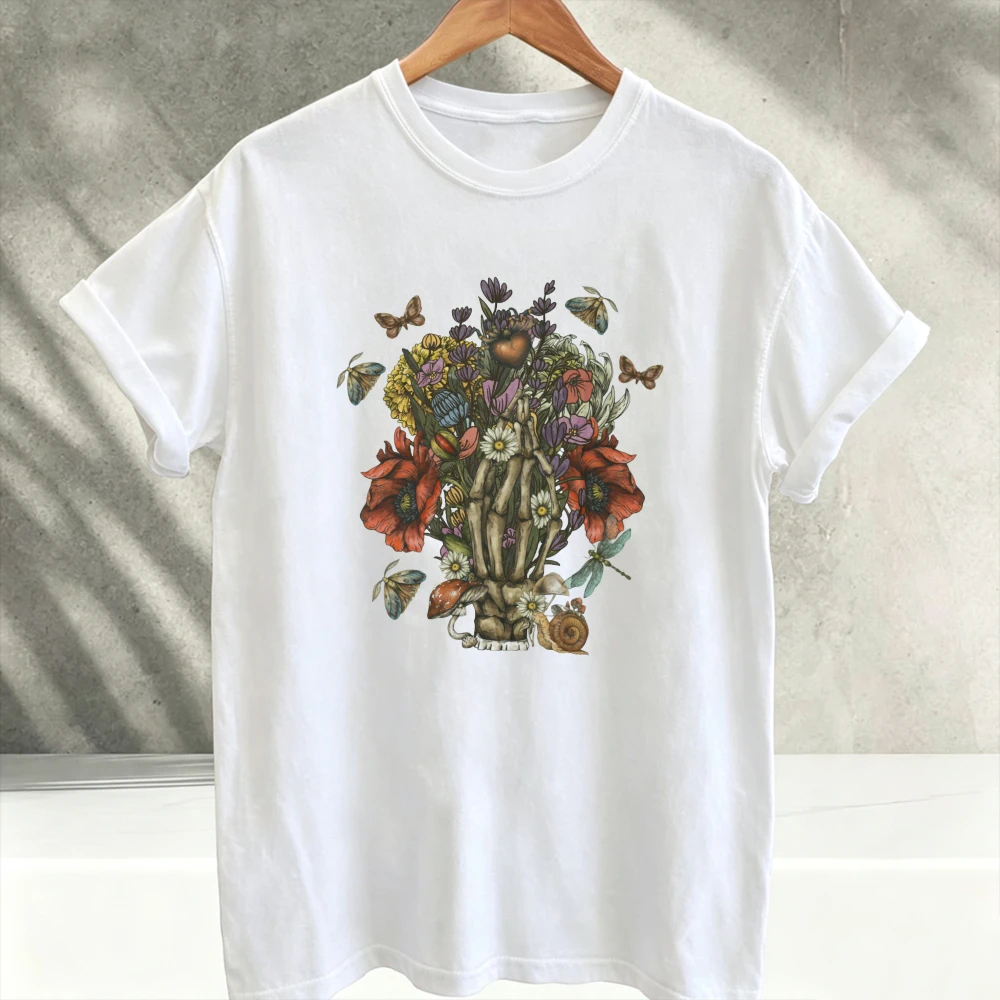 Vintage Cottagecore Floral Skull Shirt for Women Enchanted Forest Fairycore Goblincore Aesthetic Short Sleeve Relaxed Fit Butter