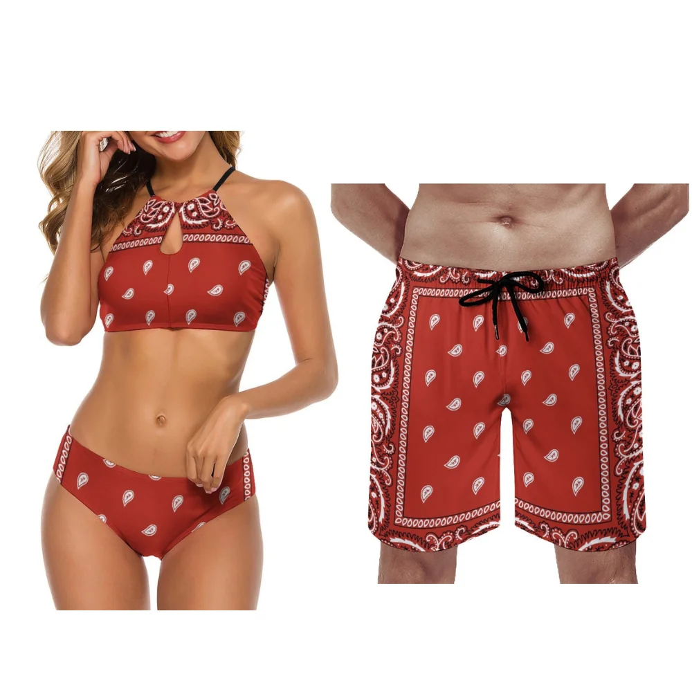 

Женские бикини и мужские пляжные брюки, бандана, пляжная одежда для отдыха, наряды для пар, доступны на заказ персонализированные узоры