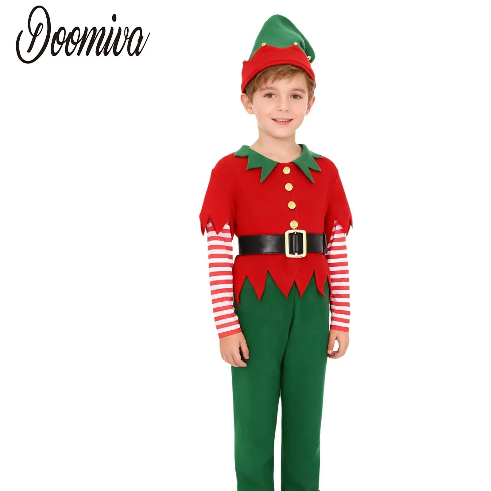 

Boys Santa Christmas Cosplay Helper Costume Set Elf Fancy Dress Long Sleeve Jagged Trim Top and Pants with Hat and Shoes Covers