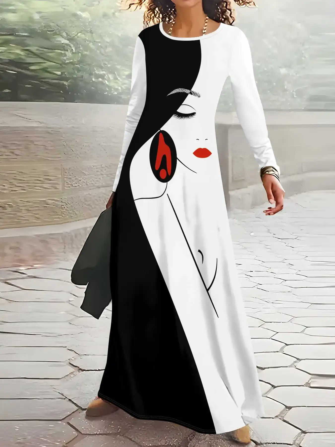 Printed Design casual style Abstract Face Art Print long-sleeved dress
