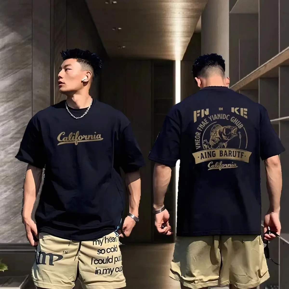 2025 nueva camiseta Retro de algodón puro americano de manga corta estampada High Street marca de moda suelta pesada y atractiva