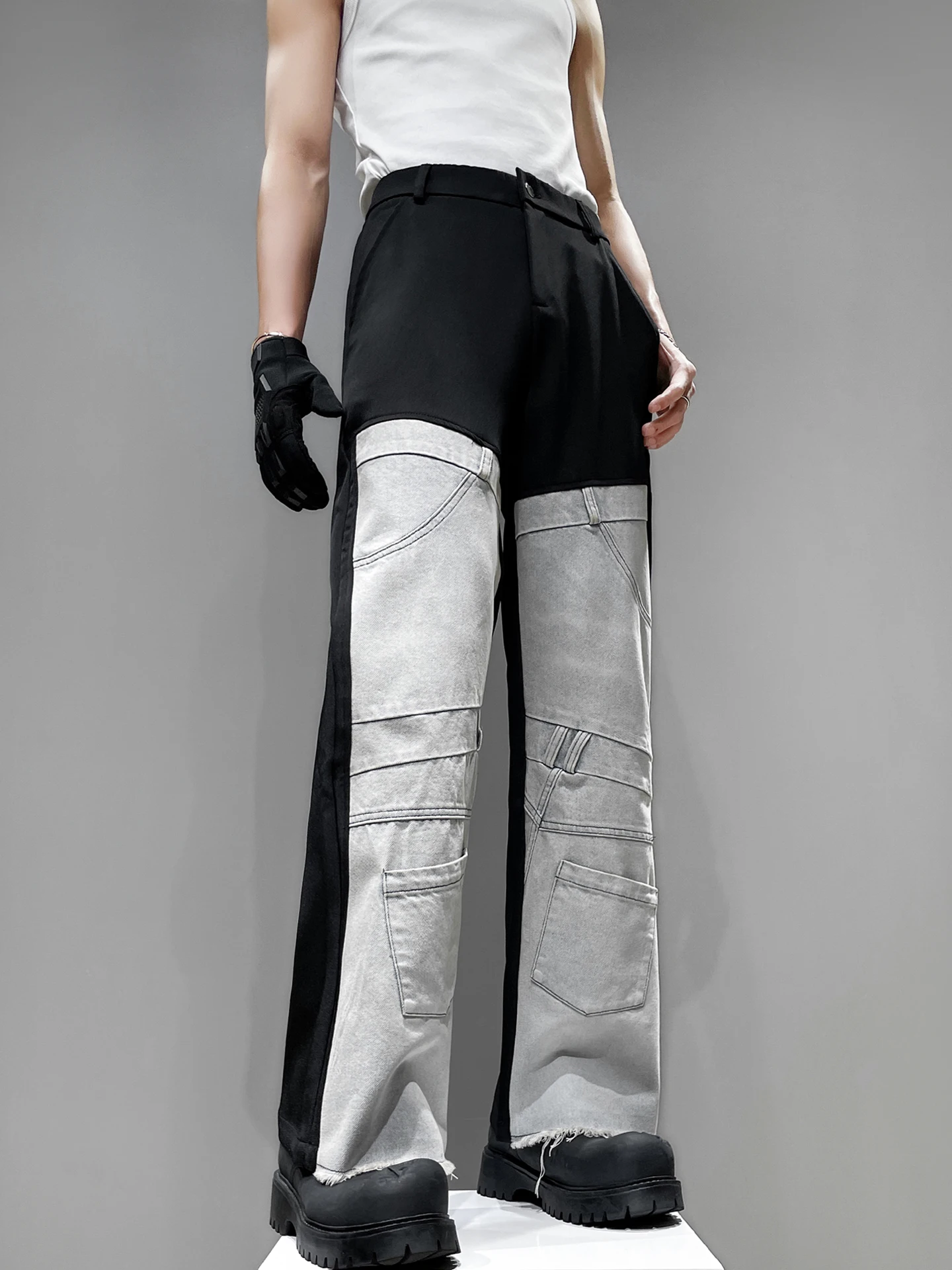 

Повседневные мужские джинсы прямого кроя с модным дизайном в стиле пэчворк, длинные брюки для отдыха, стильные молодежные брюки на осенний сезон