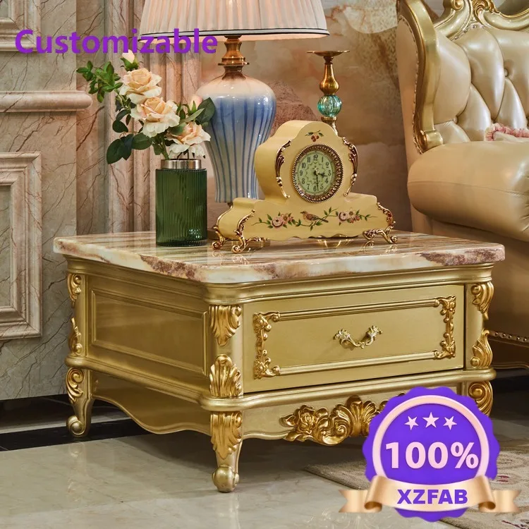 Factory Direct 2026 Luxury European Marble Corner Table Solid Wood Carving Flower Golden Square Small Coffee Table Square Table