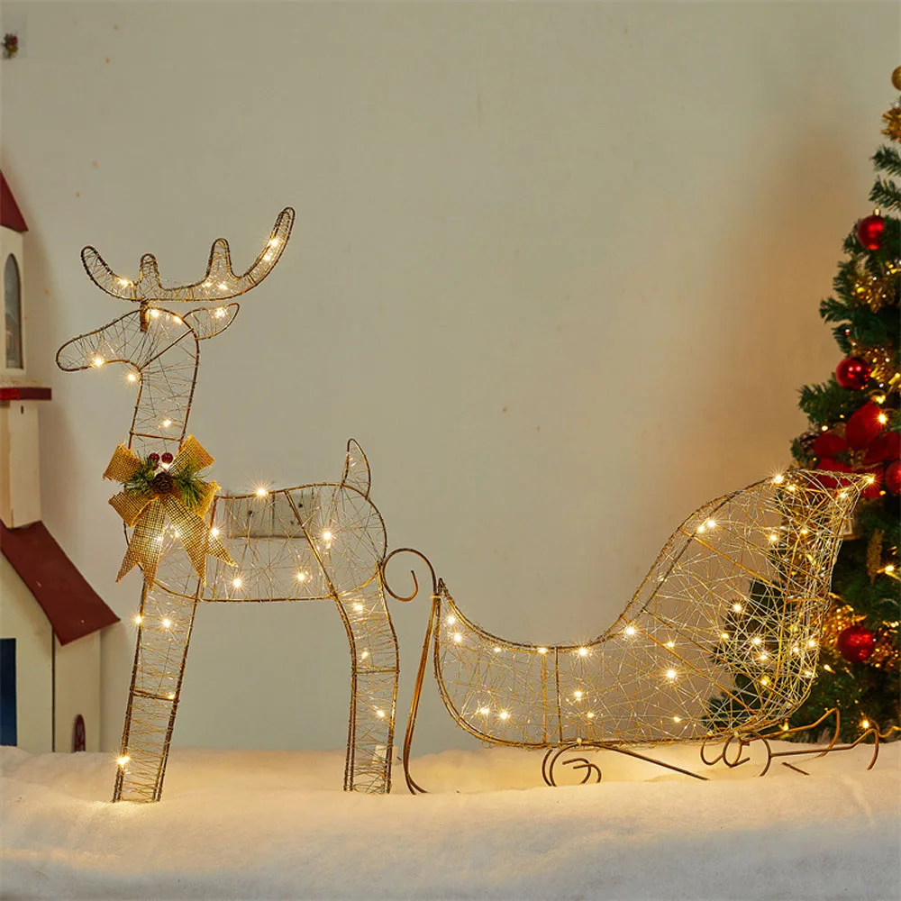 3 PCS Garden Lights String 2D Metal Iron Reindeer Outdoor Christmas Eve Decorations For Courtyard Holiday Indoor Home Decor