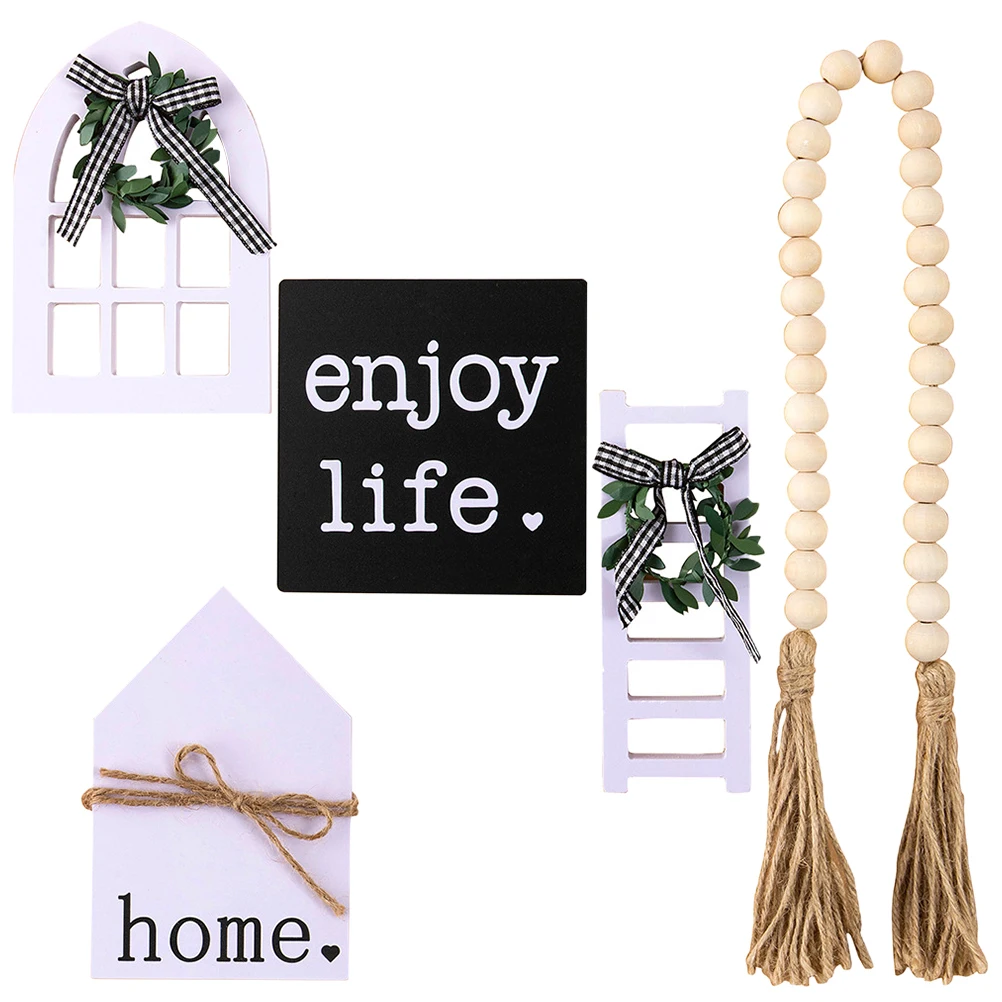 

1 set Farmhouse Wooden Sign Rustic Tiered Tray Decor Kitchen Table Centerpiece DIY Wood Beads Hanging Home Pastoral Set