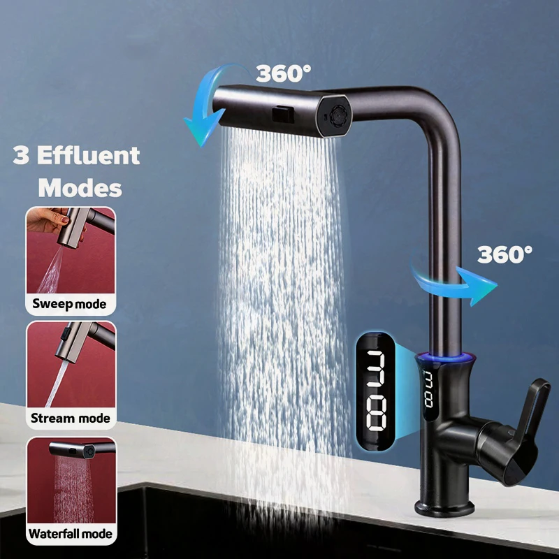 LED Display Temperature  Bathroom Sink Faucets Kitchen Basin Faucet with Pull Out Sprayer 3 Spray Modes Hot Cold Water Mixer Tap