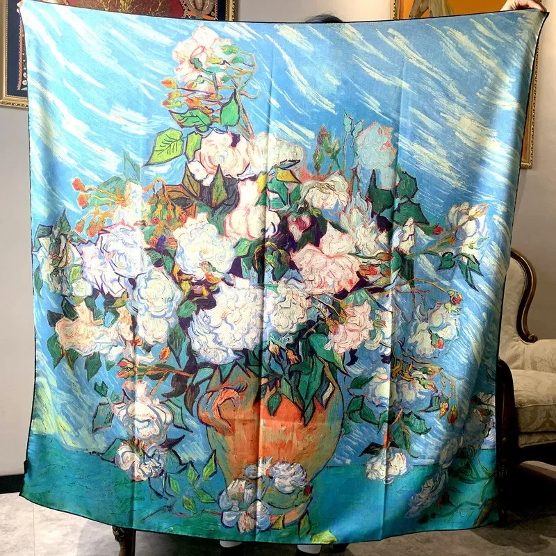 High-end Elegant Women's Fashion White Tea Flower Double-sided Print Quality Silk Wool Hand-rolled Edge Large Square Scarf Shawl