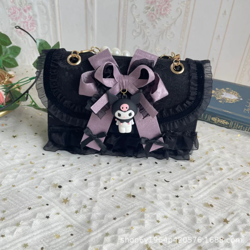 Sanrio Kulomi carino borsa dolce cane dalle orecchie grandi cartone animato nastro di pizzo moda versatile borsa a tracolla leggera