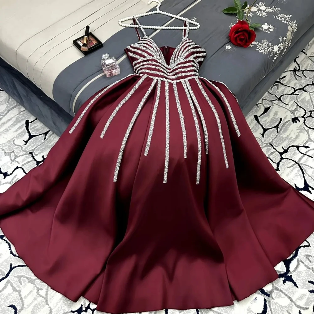 Customized Sparkle Women Spaghetti Strap Ball Gown Formal Ocassion Paillette / Sequins Floor Length Skirts Satin Evening Dress