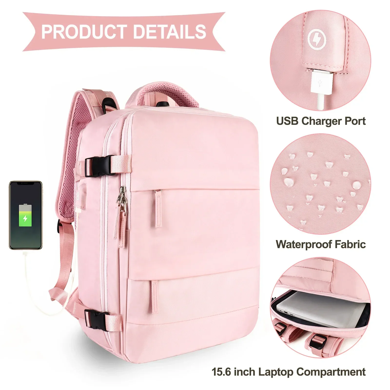 Pink Travel Backpack Women Airplane Large Capacity Multi-Function Luggage Lightweight Waterproof USB Charging Bag Sports Bagpack