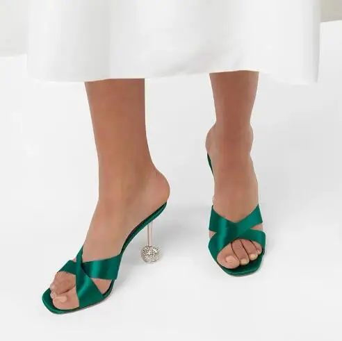

Green Hot Pink Blue White Satin Crystal Rhinestone Ball Bead Heel Metallic Slippers Women Square Open Toe Strange Heel Sandals