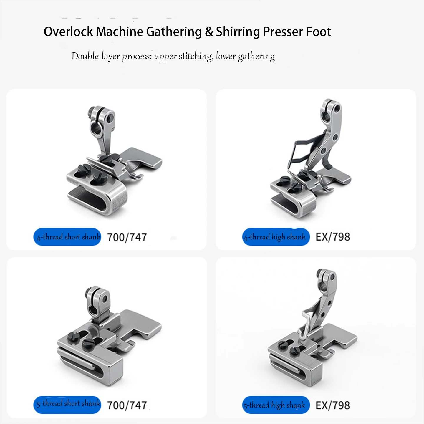 Overlock Machine Gathering Presser Foot, 4-Thread/5-Thread, Short/High Shank for 700/747/757/EX/798 Serger, Stainless Steel Doub