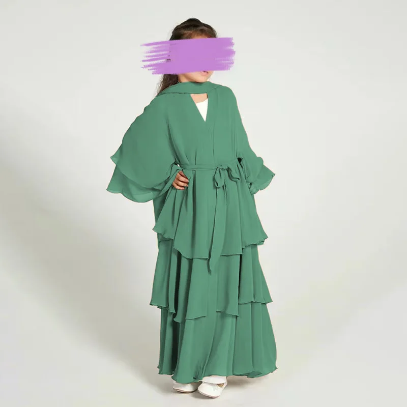 Children Front Open Abaya Chiffon 3 Layers Kids Abaya With Belt Islamic Little Girls Ramadan Clothing Muslim Solid Color Dresses