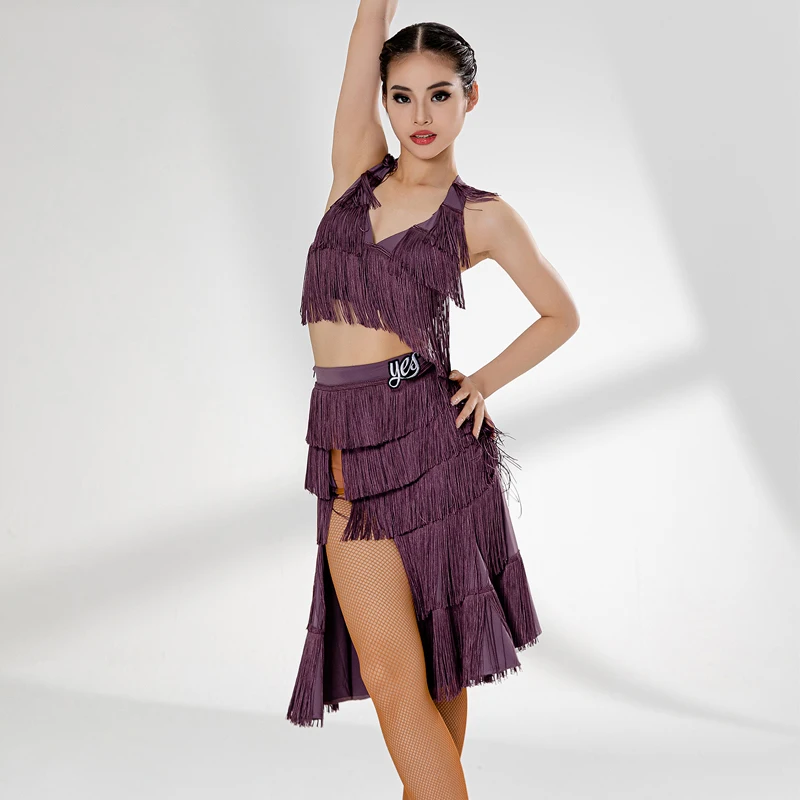 

Sexy Latin Dance Costume Women Full Fringed Latin Top Skirt Stage Latin Dance Competition Clothing Female Dancing Clothes 9108