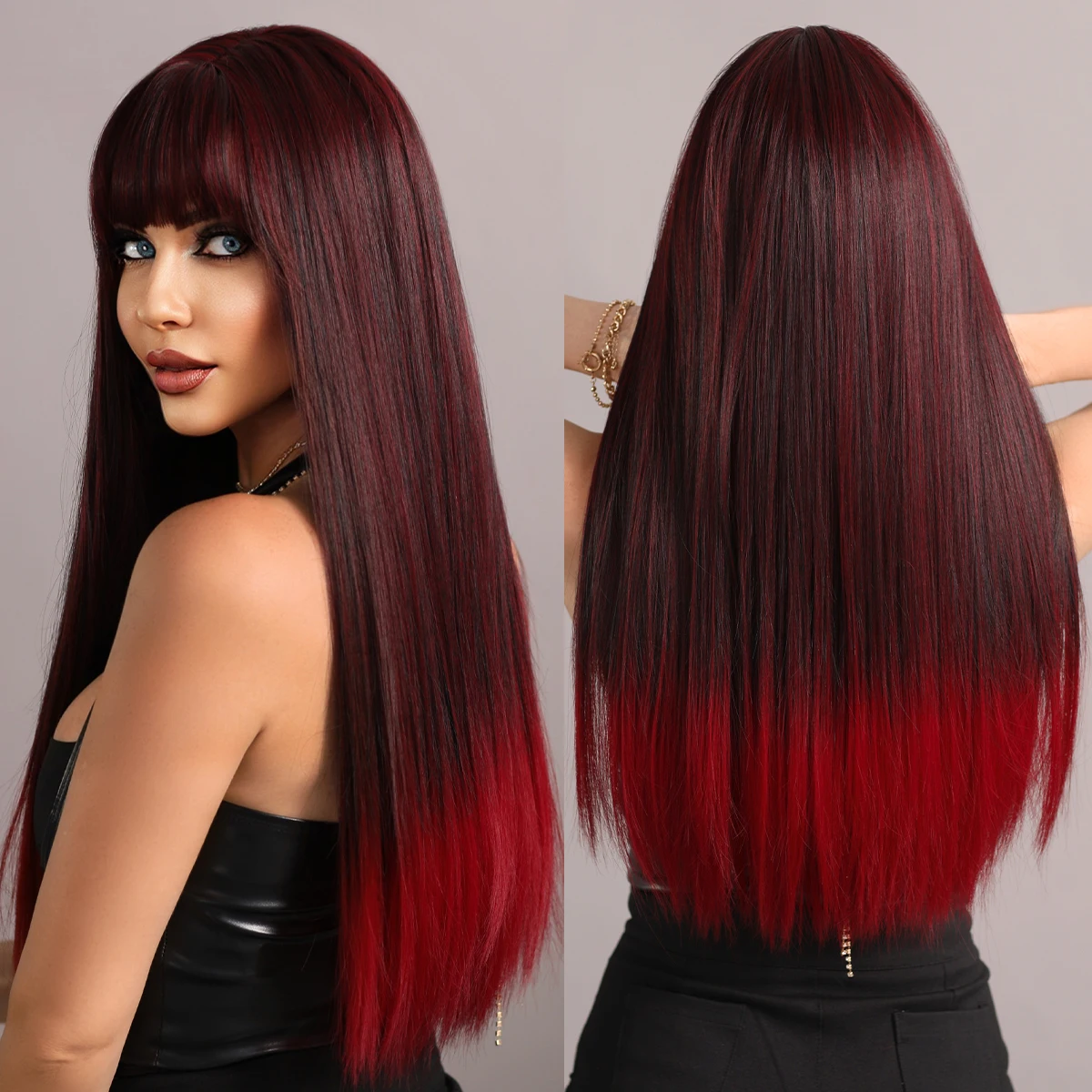 7JHH WIGS Long Straight Wigs with Bang Ombre Dark Red Black Synthetic Hair Wig for Women Daily Cosplay Party Heat Resistant Hair