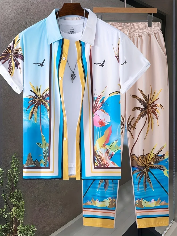 ชุดเสื้อเชิ้ตชายหาดลำลองลายต้นมะพร้าวสีสันสดใสสำหรับผู้ชาย ชุดเสื้อเชิ้ตปกและกางเกงขายาวพิมพ์ลาย 3 มิติ ไซส์ S-2XL
