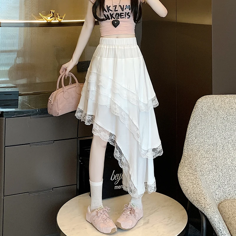 

2026 Summer French Chic Irregular Lace Trim Midi A-Line Skirt for Women - Elastic Waist, Sweet & Elegant Design