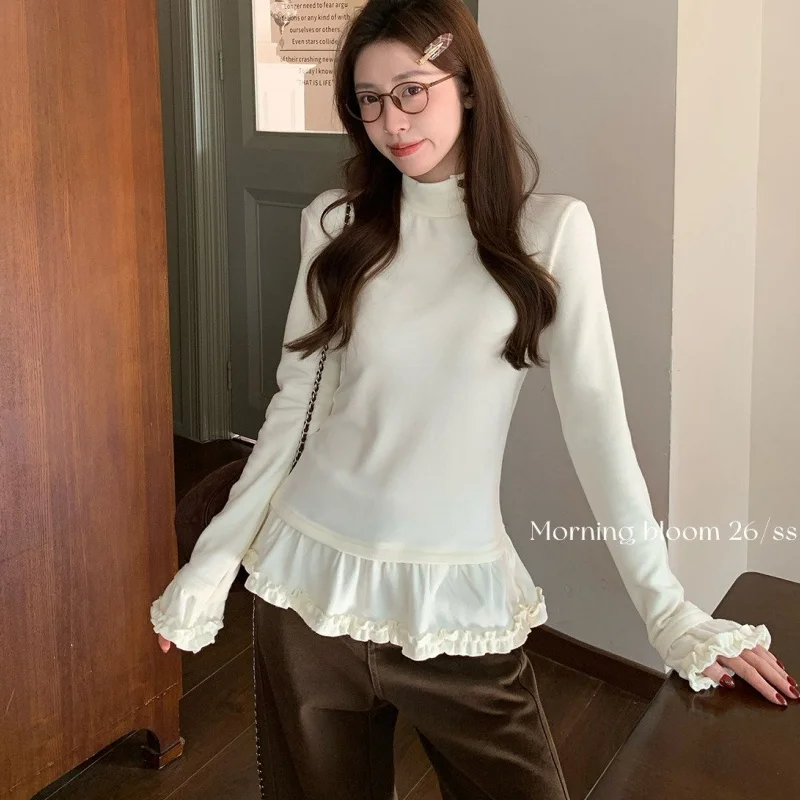 Lady  Mock Neck Long Sleeve Top Women Solid Color Brushed Ruffle Trim Hem Top Girls  Fashion Korean Style Concise Top